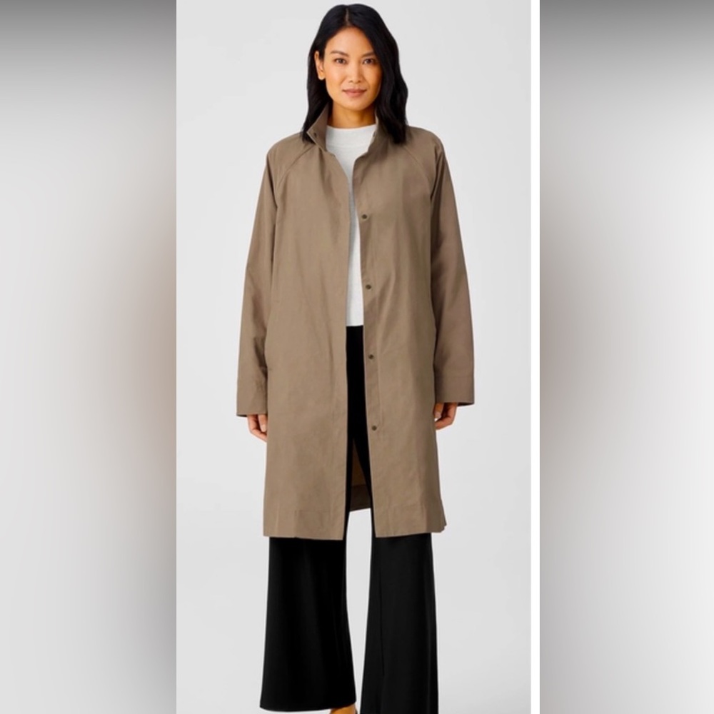 Eileen Fisher Stand Collar Trench Raincoat Coat Tarragon L